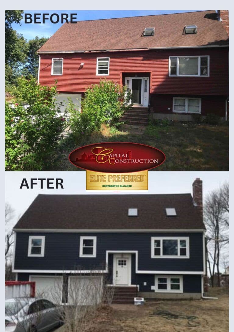 Before and after photos of a James Hardie siding installation completed in Hull, MA