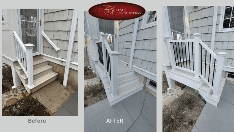 Before and after photos of a Trex decking installation completed in Wellesley, MA
