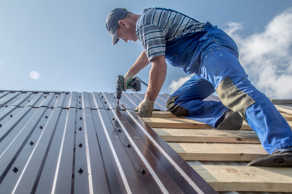 A construction worker uses a drill to help put the metal roofing sheets in place on a roof.