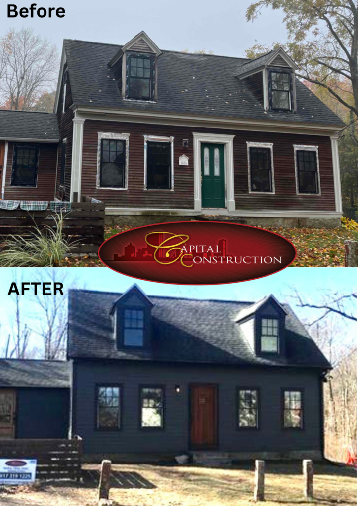 Before and after photos of a James Hardie siding installation completed in Foxborough, MA