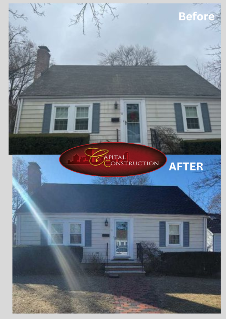 Before and after photos of a GAF roofing installation completed in Belmont, MA