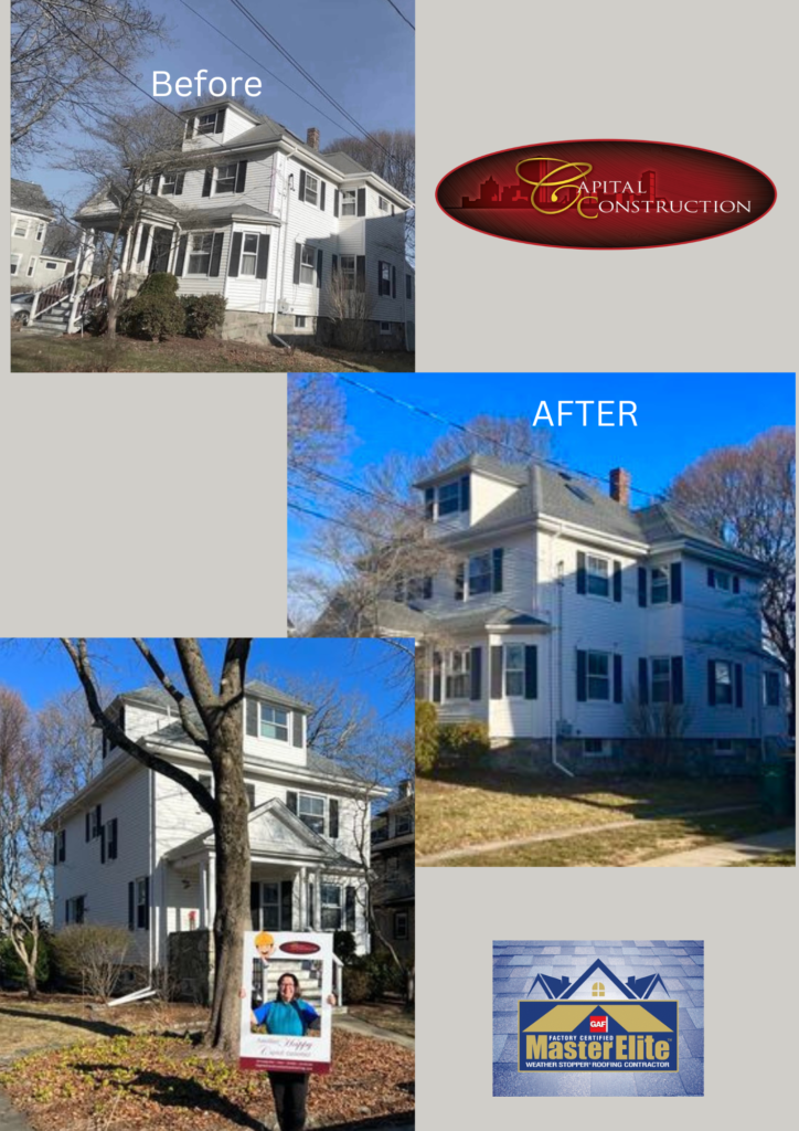 Before and after photos of a GAF roofing installation completed in Norwood, MA