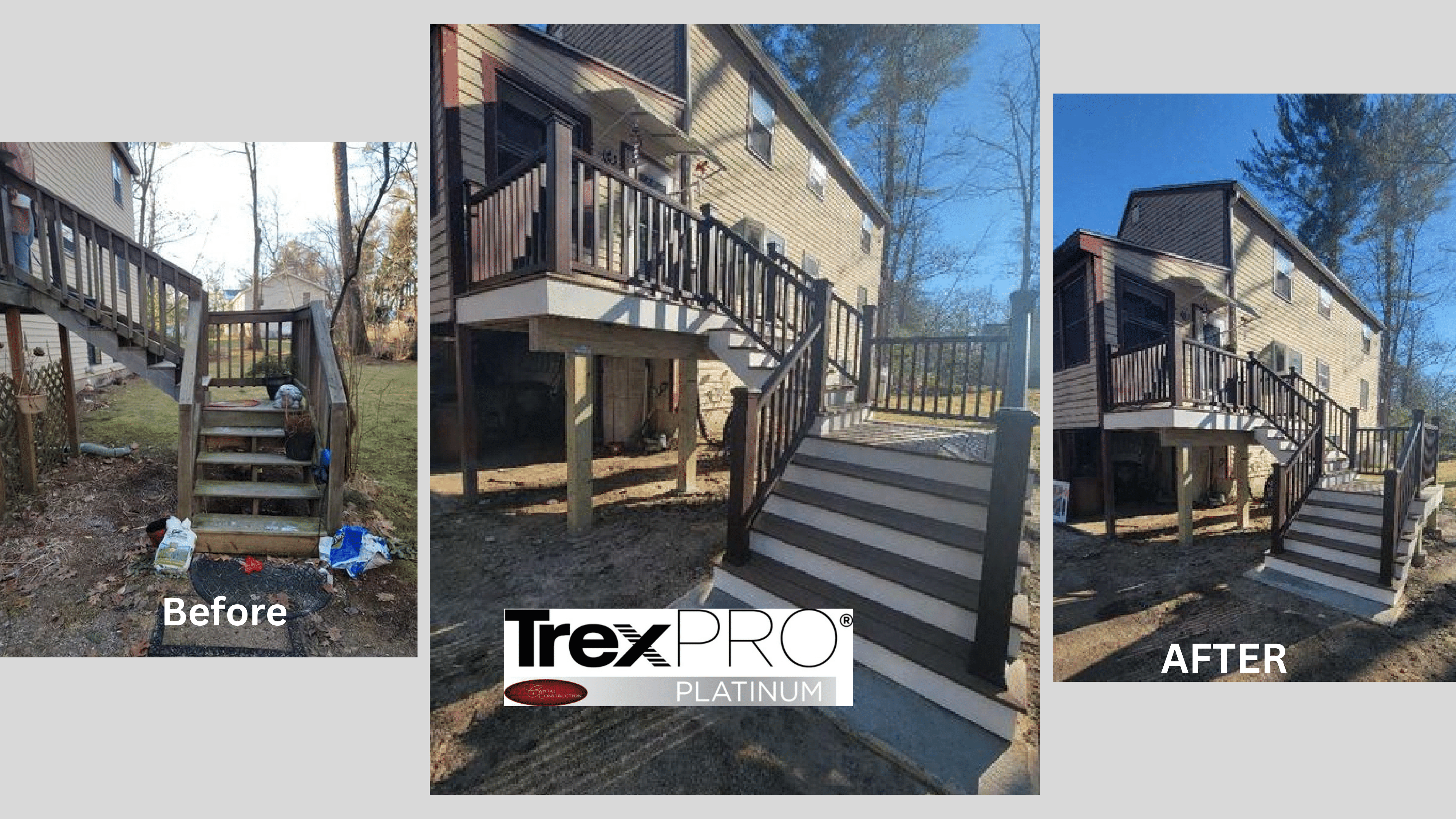 Before and after photos of a Trex decking installation completed in Salisbury, MA