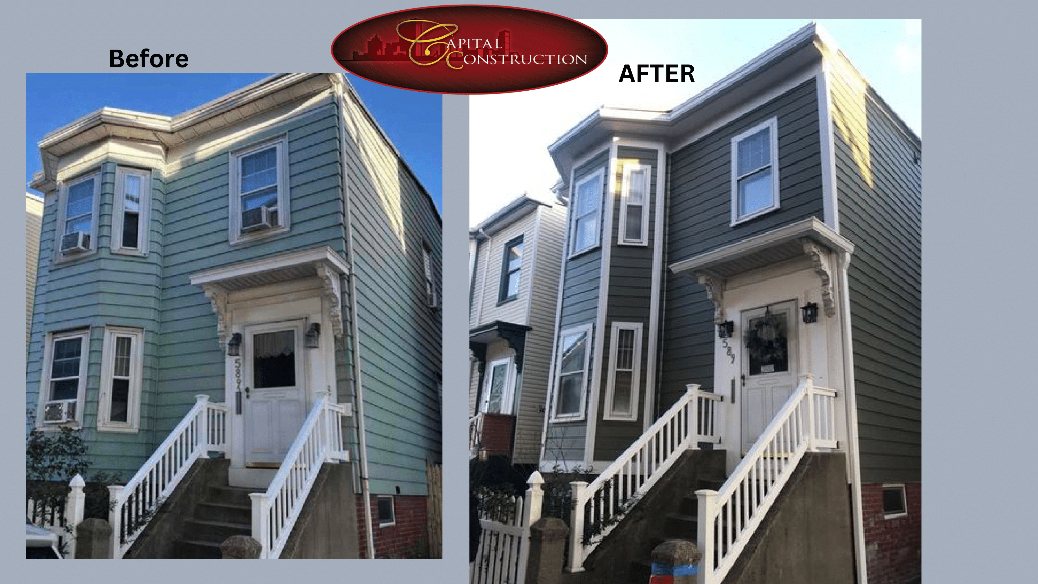 Before and after photos of a James Hardie siding installation completed in East Boston, MA