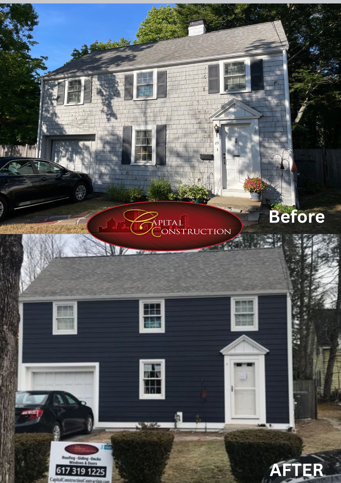 Before and after photos of a James Hardie siding installation completed in Wellesley, MA