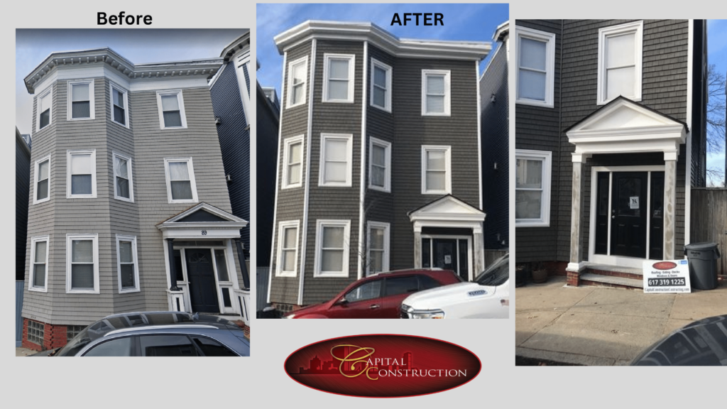 Before and after photos of a James Hardie siding installation job in Boston, MA