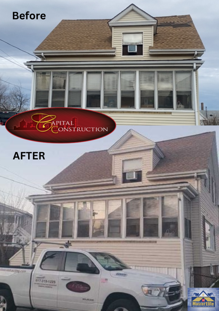Before and after of a roof installation job in Salem, MA