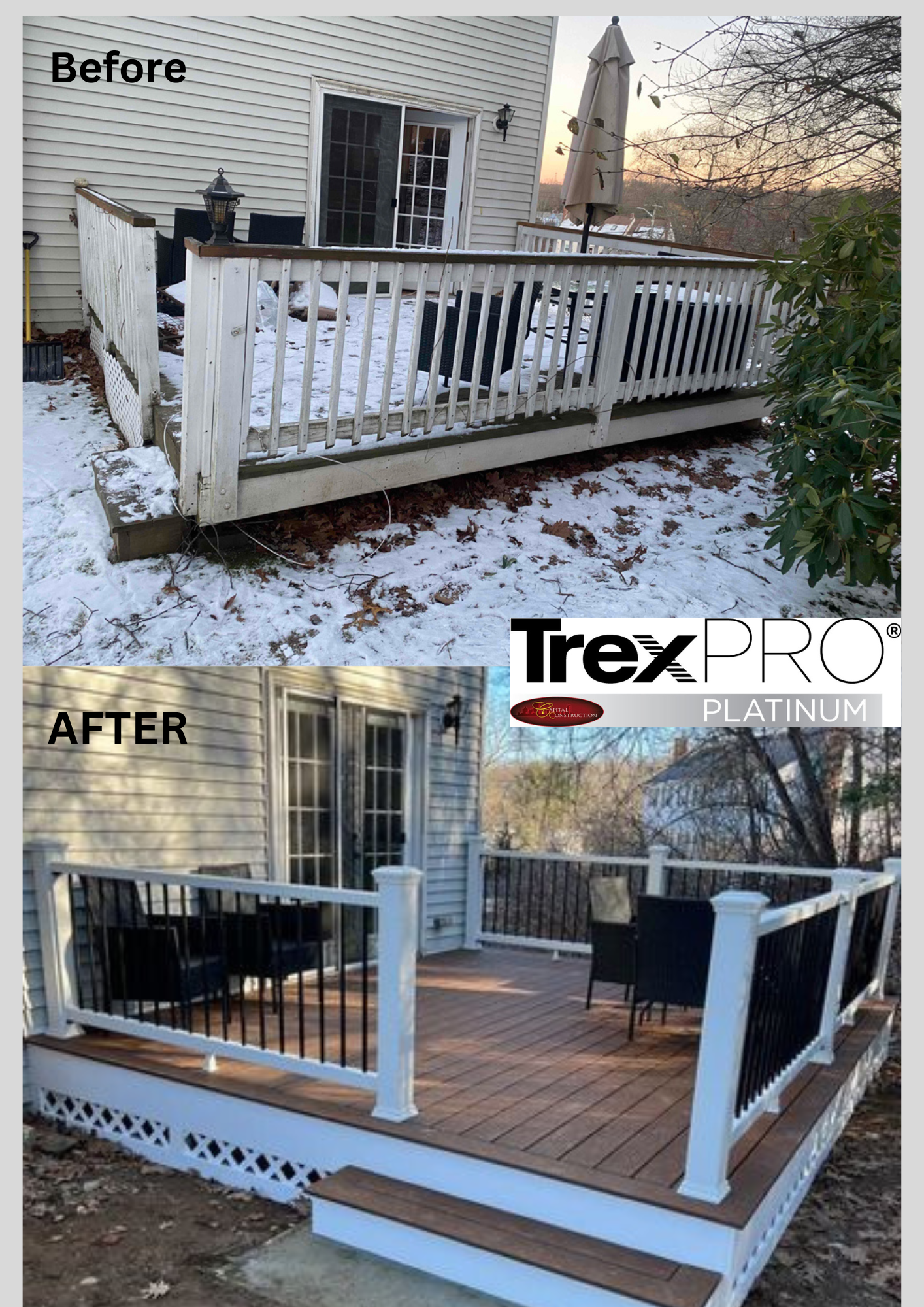 Before and after of a Trex deck installation job in Wrentham, MA