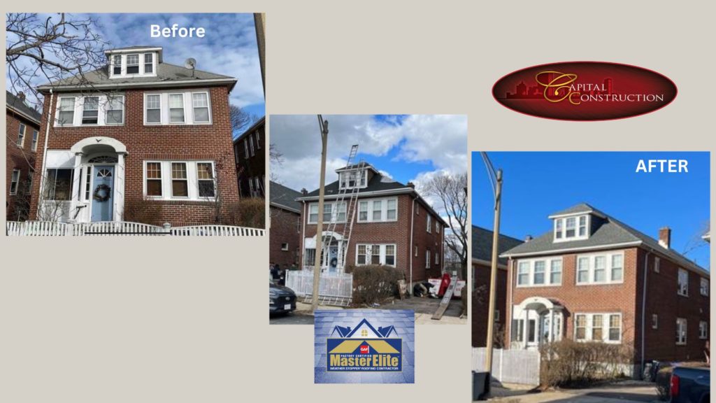 Before and after photos of a GAF roofing installation completed in Boston, MA