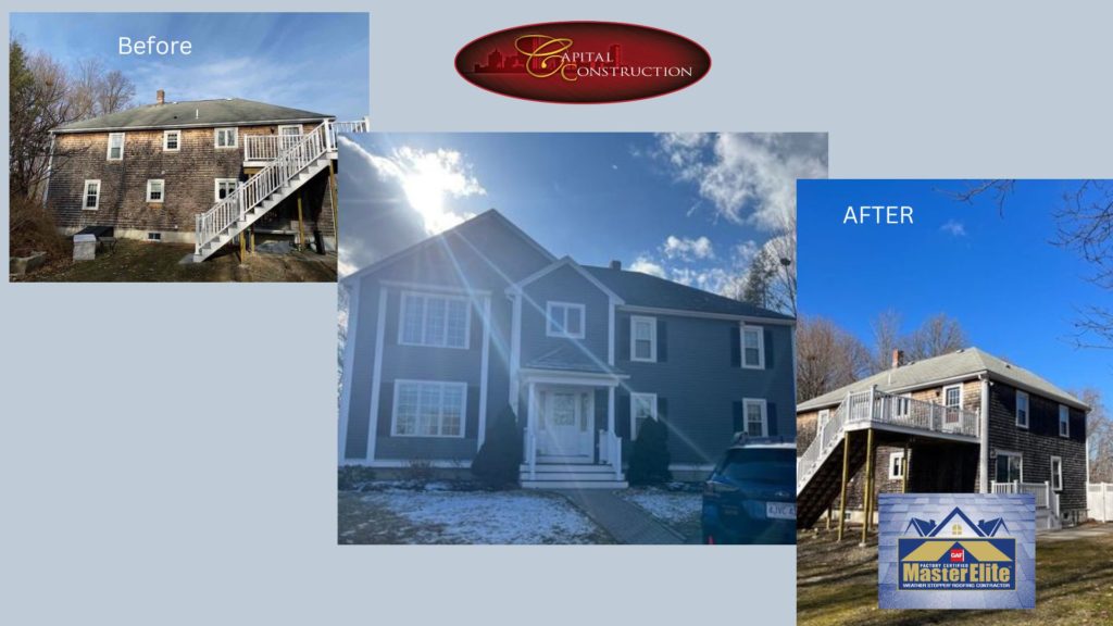 Before and after photos of a GAF roofing installation completed in Weymouth, MA