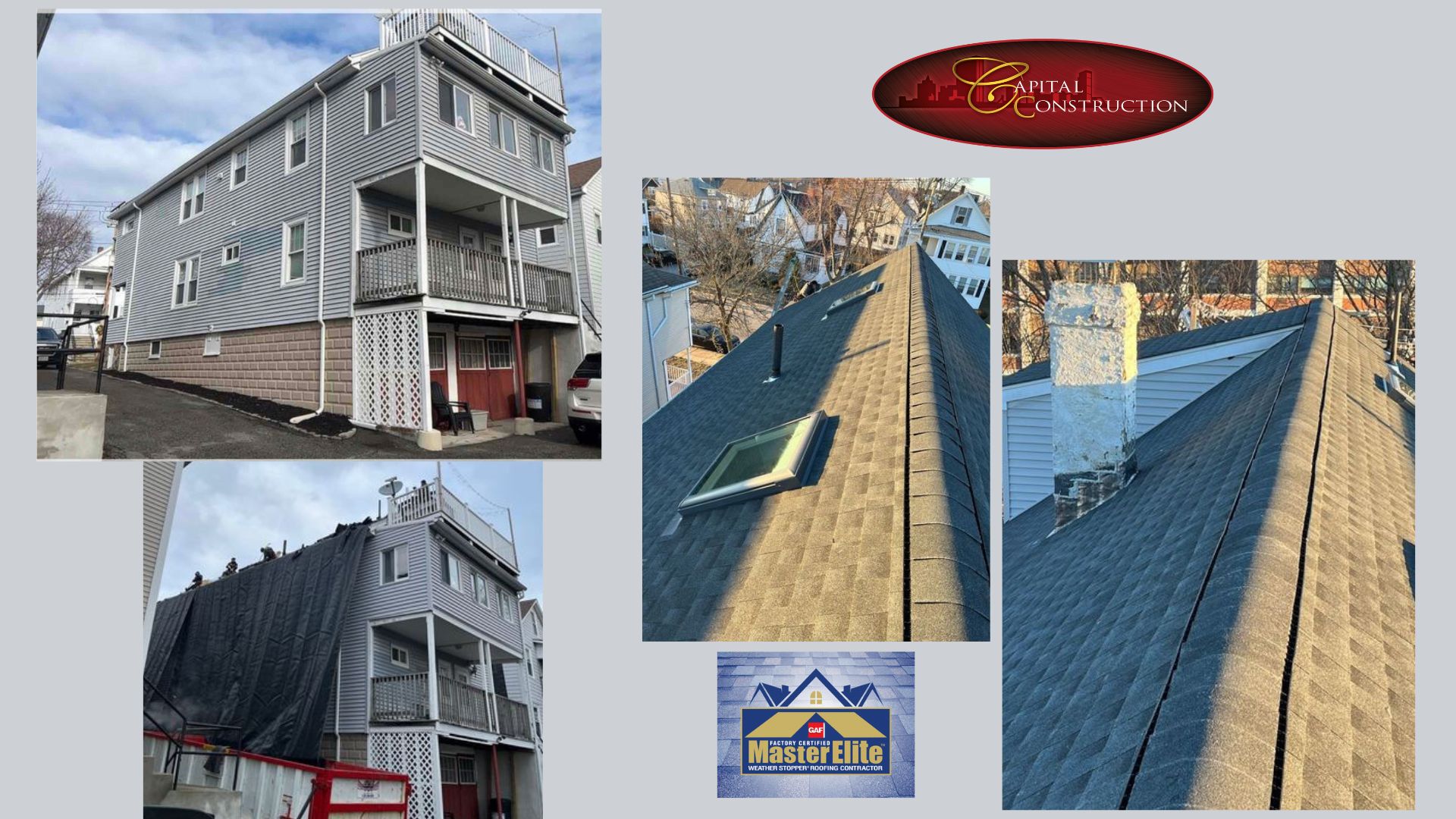 Before and after photos of a GAF roofing installation completed in Dorchester, MA