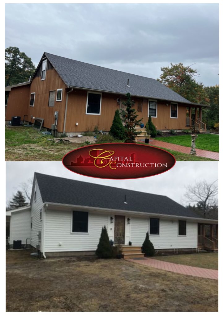 Before and after photos of a James Hardie siding installation job in Easton, MA