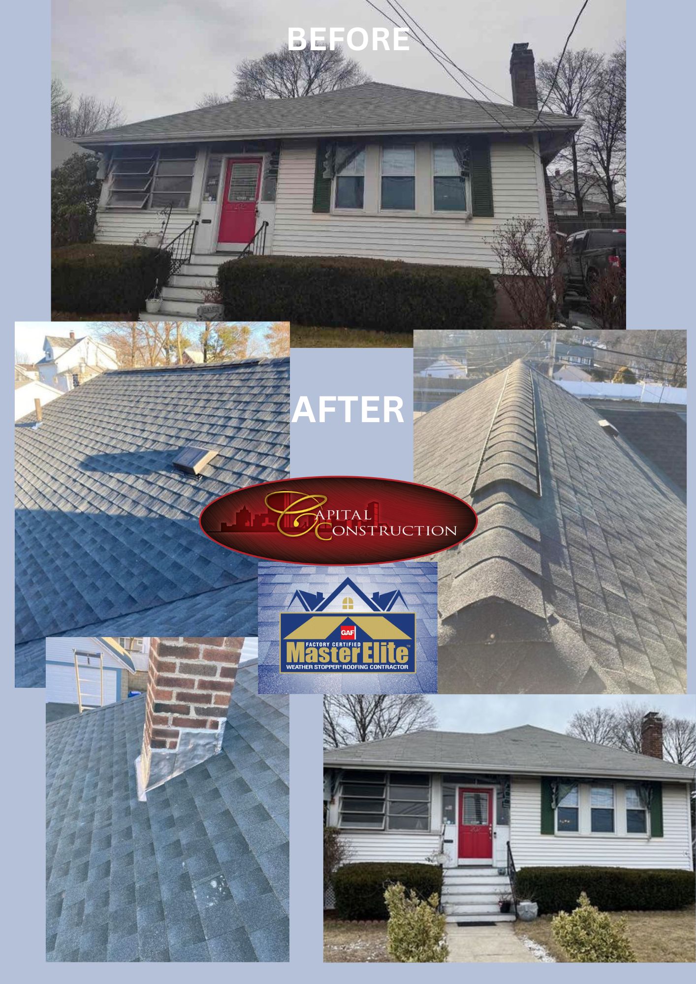 Before and after photos of a GAF roofing installation in Milton, MA