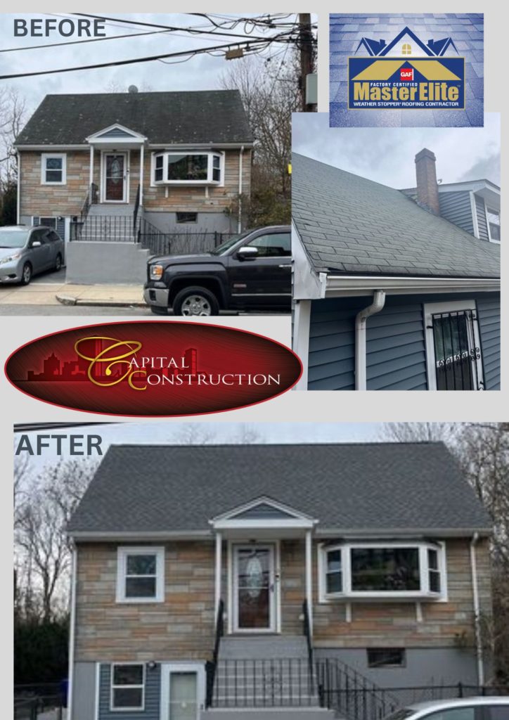 Before and after photos of a GAF roofing installation completed in Mattapan, MA