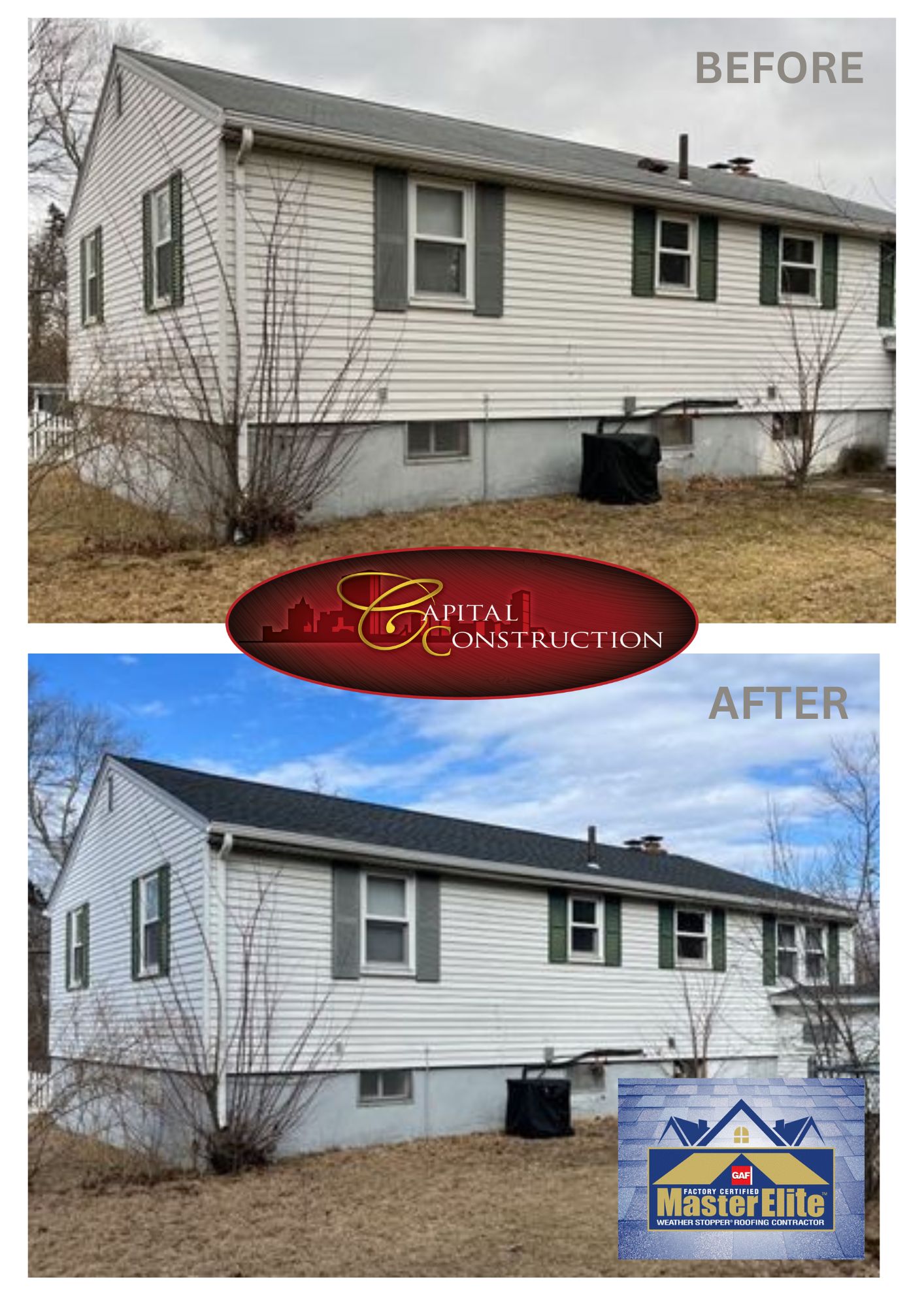 Before and after photos of a GAF roofing installation in Billerica, MA