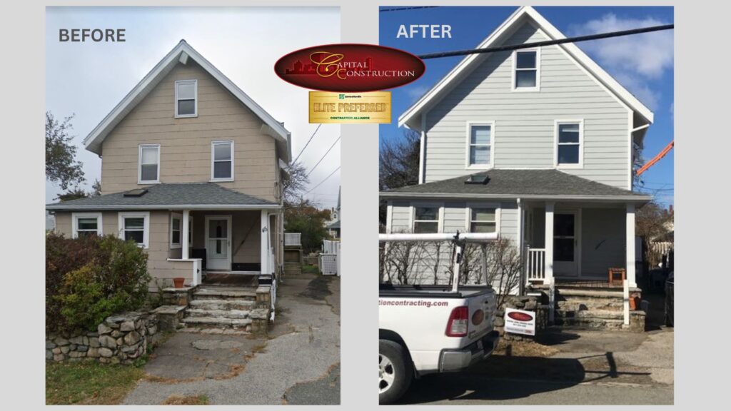 Before and after photos of a James Hardie siding installation completed in Hull, MA