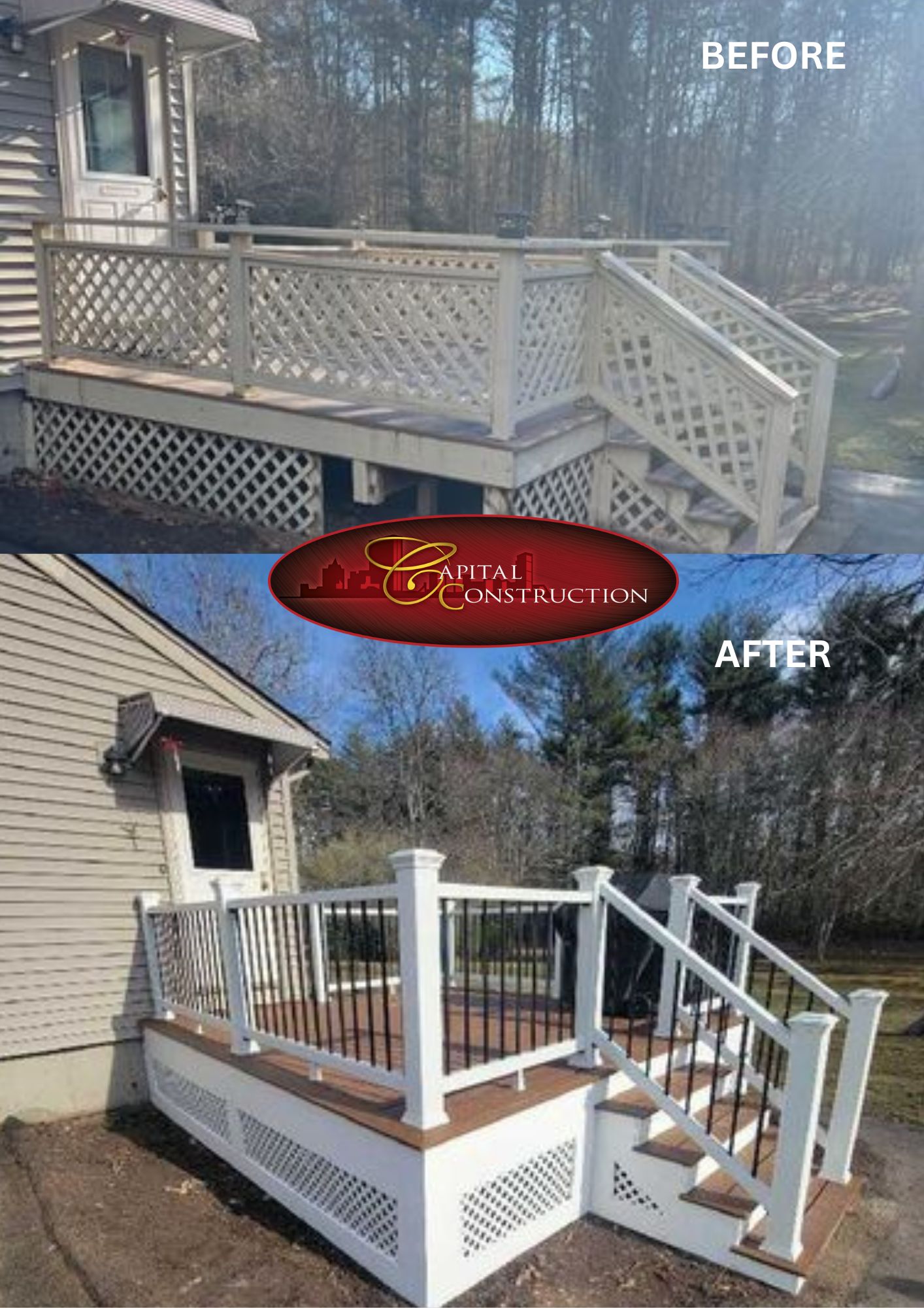 Before and after photos of a Trex decking installation in Lakeville, MA